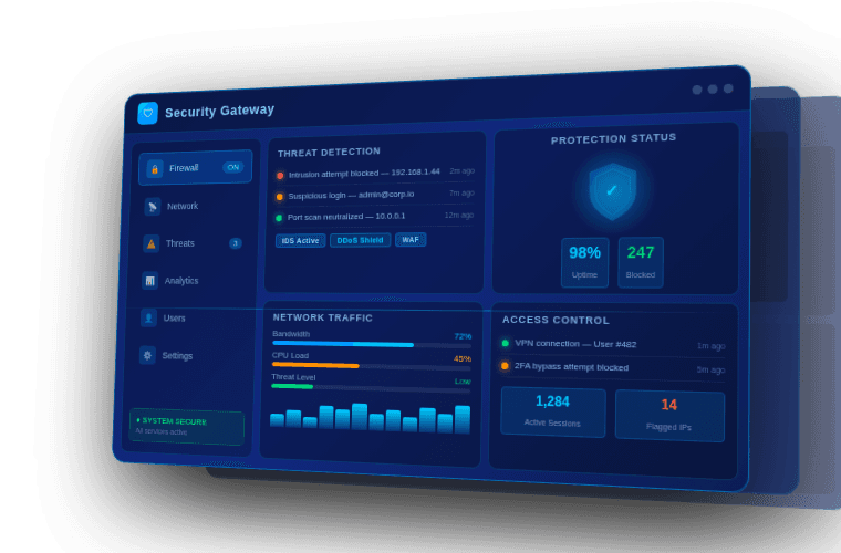 Cybersecurity dashboard illustration with shield and enterprise controls