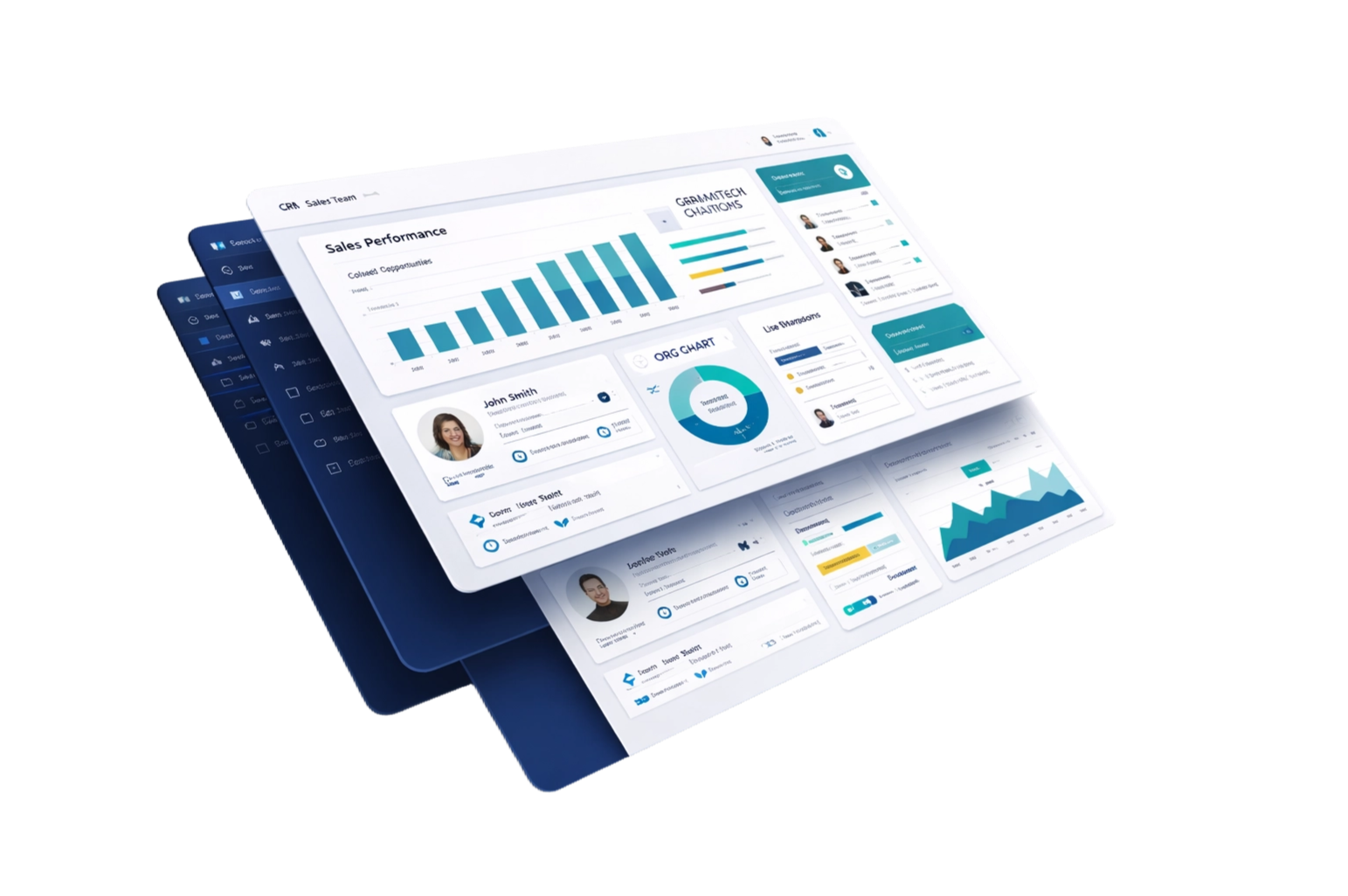 Enterprise CRM platforms illustration showing customer workflows and analytics