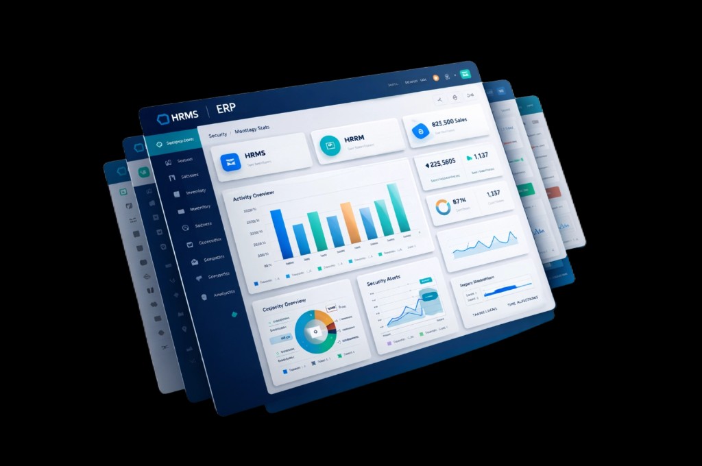 Enterprise ERP and HRMS dashboard illustration showing governed workflows
